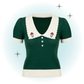 Green and white short-sleeved top with mushroom embroidery - Geneviève