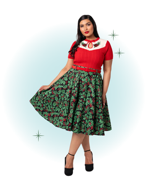 Jupe de Noël évasée swing noire et verte feuille de gui- Nicole