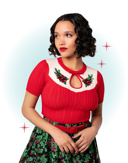 Tricot de Noël manche courte rouge et blanc - Poinsettia