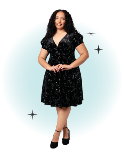 Robe manches courtes évasée swing col en v velour noir étoiles argentées- Cosmic Dust