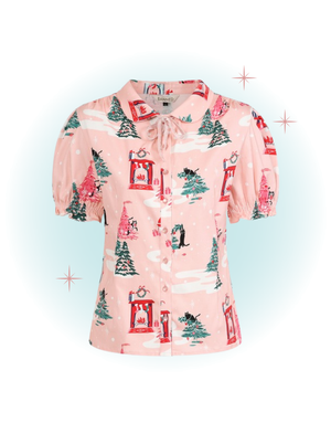 Blouse manches courtes rose motifs Noël- Lilly Christmas