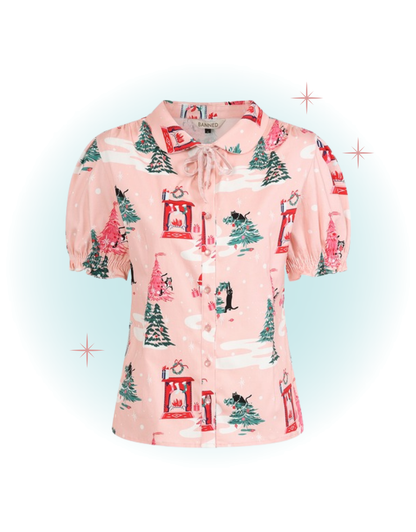 Blouse manches courtes rose motifs Noël- Lilly Christmas