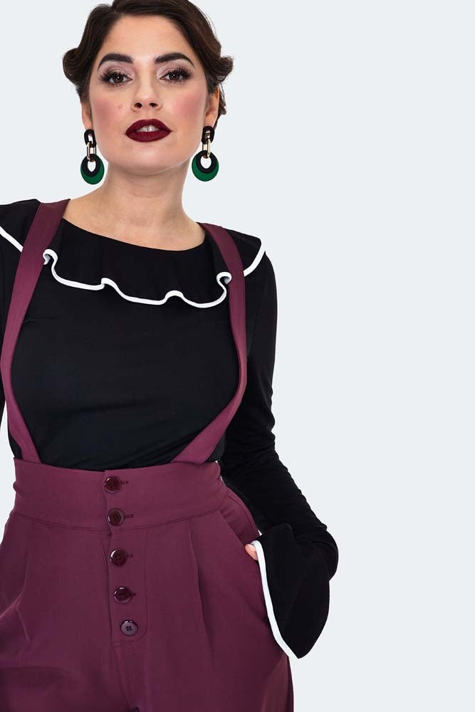 Pantalon Taille Haute Aubergine À Bretelle  L