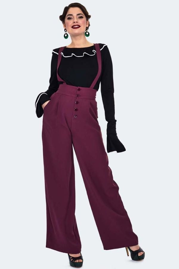 Pantalon Taille Haute Aubergine À Bretelle  XS