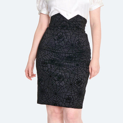 Jupe Ajusté Toile d'Araignée et Fleurs Noire XS